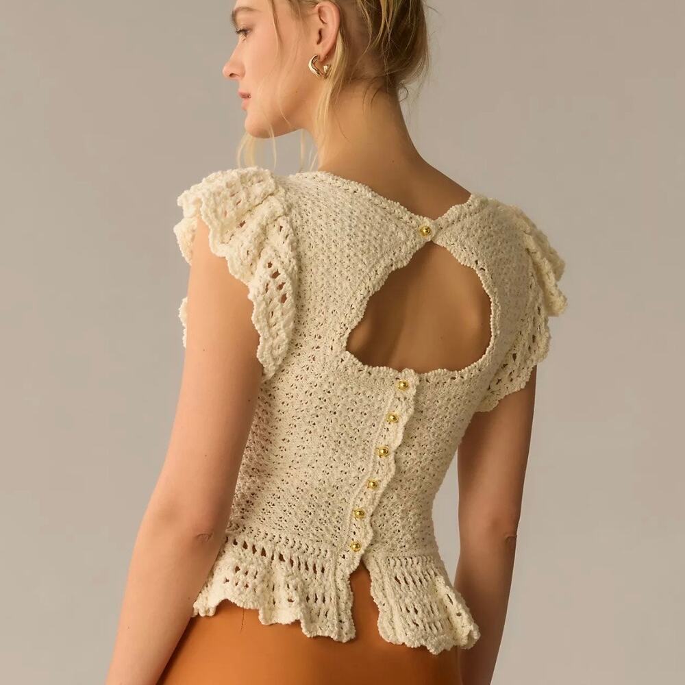 Anthropologie Flutter-Sleeve Knit Sweater Top size XL cream cotton viscose New